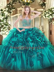 Organza Scoop Sleeveless Lace Up Beading and Ruffles Sweet 16 Dress in Teal