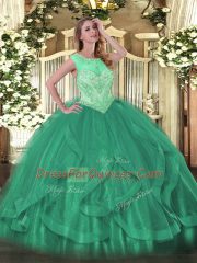 Exceptional Turquoise Lace Up Scoop Beading and Ruffles Quinceanera Gown Tulle Sleeveless