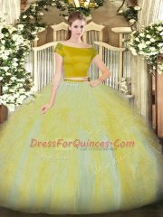 Ideal Gold Tulle Zipper Off The Shoulder Short Sleeves Floor Length 15 Quinceanera Dress Ruffles