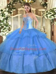 Sophisticated Baby Blue Lace Up Quinceanera Dress Beading and Ruffled Layers Sleeveless Floor Length