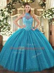 Excellent Teal Sleeveless Floor Length Beading and Embroidery Lace Up Quinceanera Gowns