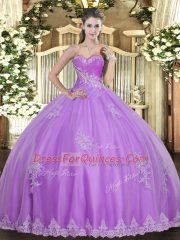 Free and Easy Floor Length Lace Up 15 Quinceanera Dress Lilac for Military Ball and Sweet 16 and Quinceanera with Beading and Appliques