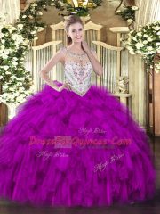 Unique Fuchsia Zipper Scoop Beading and Ruffles Sweet 16 Quinceanera Dress Tulle Sleeveless