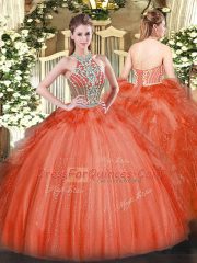 Halter Top Sleeveless Lace Up Sweet 16 Quinceanera Dress Red Tulle