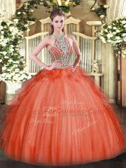 Halter Top Sleeveless Lace Up Sweet 16 Quinceanera Dress Red Tulle