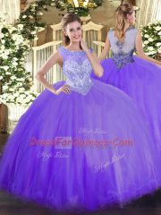 Beauteous Lavender Ball Gowns Scoop Sleeveless Tulle Floor Length Zipper Beading Quince Ball Gowns
