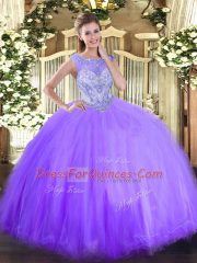 Beauteous Lavender Ball Gowns Scoop Sleeveless Tulle Floor Length Zipper Beading Quince Ball Gowns
