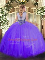 Beauteous Lavender Ball Gowns Scoop Sleeveless Tulle Floor Length Zipper Beading Quince Ball Gowns