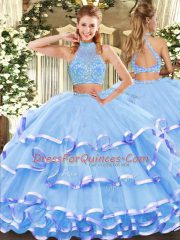 Discount Aqua Blue Two Pieces Tulle Halter Top Sleeveless Beading and Ruffled Layers Floor Length Criss Cross Quinceanera Gowns