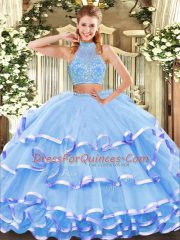 Discount Aqua Blue Two Pieces Tulle Halter Top Sleeveless Beading and Ruffled Layers Floor Length Criss Cross Quinceanera Gowns