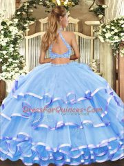 Discount Aqua Blue Two Pieces Tulle Halter Top Sleeveless Beading and Ruffled Layers Floor Length Criss Cross Quinceanera Gowns