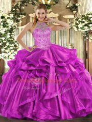 Lovely Floor Length Fuchsia Sweet 16 Dress Halter Top Sleeveless Lace Up