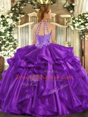 Lovely Floor Length Fuchsia Sweet 16 Dress Halter Top Sleeveless Lace Up