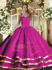 Colorful Floor Length Lace Up 15 Quinceanera Dress Fuchsia for Military Ball and Sweet 16 and Quinceanera with Ruffled Layers