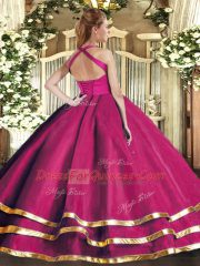 Colorful Floor Length Lace Up 15 Quinceanera Dress Fuchsia for Military Ball and Sweet 16 and Quinceanera with Ruffled Layers
