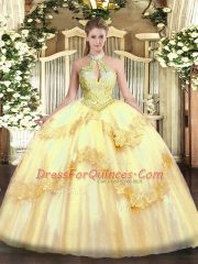 Great Gold Tulle Lace Up Sweet 16 Quinceanera Dress Sleeveless Floor Length Appliques and Sequins