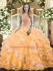 High Class Orange Lace Up High-neck Beading and Ruffled Layers Quinceanera Gowns Organza Sleeveless