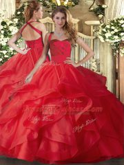 Red Quinceanera Dresses Military Ball and Sweet 16 and Quinceanera with Ruffles Halter Top Sleeveless Lace Up