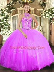 Lilac Lace Up Halter Top Beading and Embroidery Sweet 16 Dresses Tulle Sleeveless