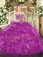 Dynamic Fuchsia Ball Gowns Sweetheart Sleeveless Organza Floor Length Lace Up Beading and Ruffles Quinceanera Gowns