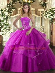 High Class Ball Gowns Quinceanera Dress Fuchsia Strapless Tulle Sleeveless Floor Length Lace Up