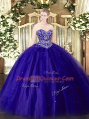 Blue Sleeveless Tulle Lace Up Quinceanera Dress for Military Ball and Sweet 16 and Quinceanera