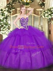 Purple Sweetheart Neckline Beading and Ruffled Layers 15th Birthday Dress Sleeveless Lace Up