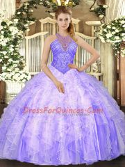 Lavender High-neck Neckline Beading and Ruffles 15 Quinceanera Dress Sleeveless Lace Up