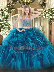 Dynamic Blue Scoop Lace Up Beading and Ruffles Sweet 16 Quinceanera Dress Sleeveless