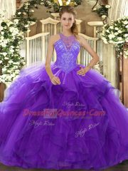 Lovely Purple Lace Up High-neck Beading and Ruffles 15th Birthday Dress Organza Sleeveless