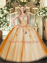 Orange Red Ball Gowns Tulle Halter Top Sleeveless Lace and Appliques Floor Length Lace Up Quinceanera Gowns