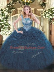 Glorious Navy Blue Scoop Lace Up Beading and Ruffles Vestidos de Quinceanera Sleeveless