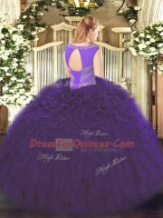 Glorious Navy Blue Scoop Lace Up Beading and Ruffles Vestidos de Quinceanera Sleeveless