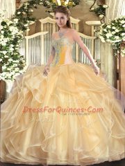 Beading and Ruffles 15th Birthday Dress Champagne Lace Up Sleeveless Floor Length