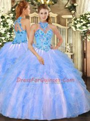 Fitting Ball Gowns 15th Birthday Dress Baby Blue Halter Top Organza Sleeveless Floor Length Lace Up