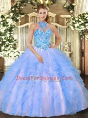 Fitting Ball Gowns 15th Birthday Dress Baby Blue Halter Top Organza Sleeveless Floor Length Lace Up