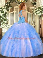 Fitting Ball Gowns 15th Birthday Dress Baby Blue Halter Top Organza Sleeveless Floor Length Lace Up