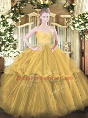 Chic Zipper Ball Gown Prom Dress Gold for Military Ball and Sweet 16 and Quinceanera with Beading and Lace and Ruffled Layers Brush Train