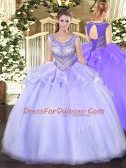 Ideal Organza Scoop Sleeveless Lace Up Beading Vestidos de Quinceanera in Lavender