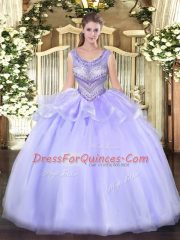 Ideal Organza Scoop Sleeveless Lace Up Beading Vestidos de Quinceanera in Lavender