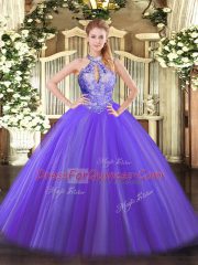 Adorable Tulle Halter Top Sleeveless Lace Up Sequins Quinceanera Gowns in Purple