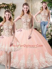 Amazing Sleeveless Floor Length Beading and Lace and Appliques Backless Quinceanera Gowns with Peach