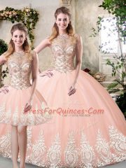 Amazing Sleeveless Floor Length Beading and Lace and Appliques Backless Quinceanera Gowns with Peach