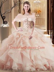 Decent Ball Gowns Sleeveless Peach Sweet 16 Dress Brush Train Lace Up