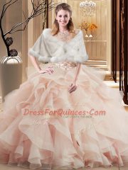 Decent Ball Gowns Sleeveless Peach Sweet 16 Dress Brush Train Lace Up