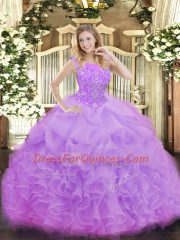 Traditional Lavender Organza Zipper Scoop Sleeveless Floor Length Quinceanera Gowns Beading and Ruffles and Pick Ups