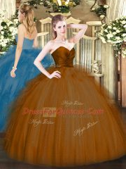 Brown Ball Gowns Tulle Sweetheart Sleeveless Ruffles Floor Length Zipper 15 Quinceanera Dress