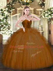 Brown Ball Gowns Tulle Sweetheart Sleeveless Ruffles Floor Length Zipper 15 Quinceanera Dress