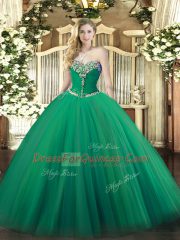 Turquoise Ball Gowns Beading Sweet 16 Dress Lace Up Tulle Sleeveless Floor Length