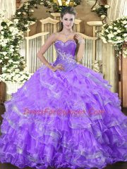 Perfect Floor Length Lace Up Sweet 16 Dresses Lavender for Military Ball and Sweet 16 and Quinceanera with Beading and Ruffled Layers